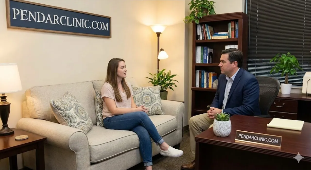 بیماری که در حال مشورت با روانپزشک درباره تنظیم دوز داروهای ضد افسردگی است